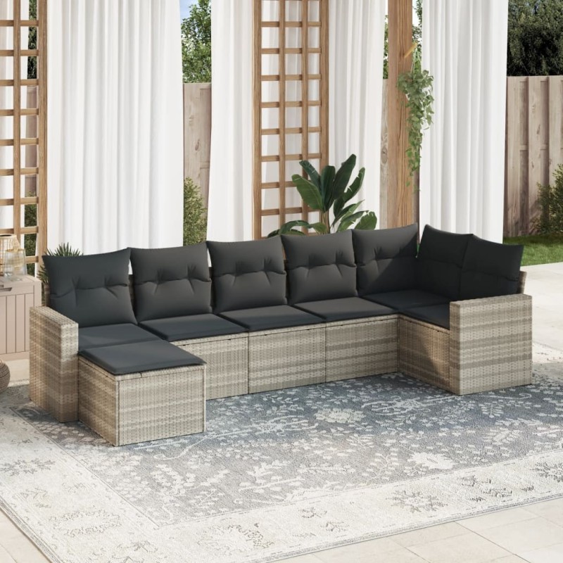 Salon de jardin avec coussins 7 pcs gris clair résine tressée 644161644161