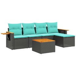 Salon de jardin 6 pcs avec coussins noir résine tressée 644162644162