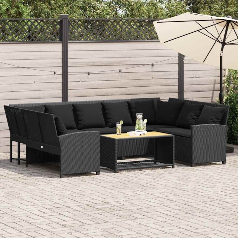 Canapé de jardin avec coussins Noir Résine tressée 644180644180