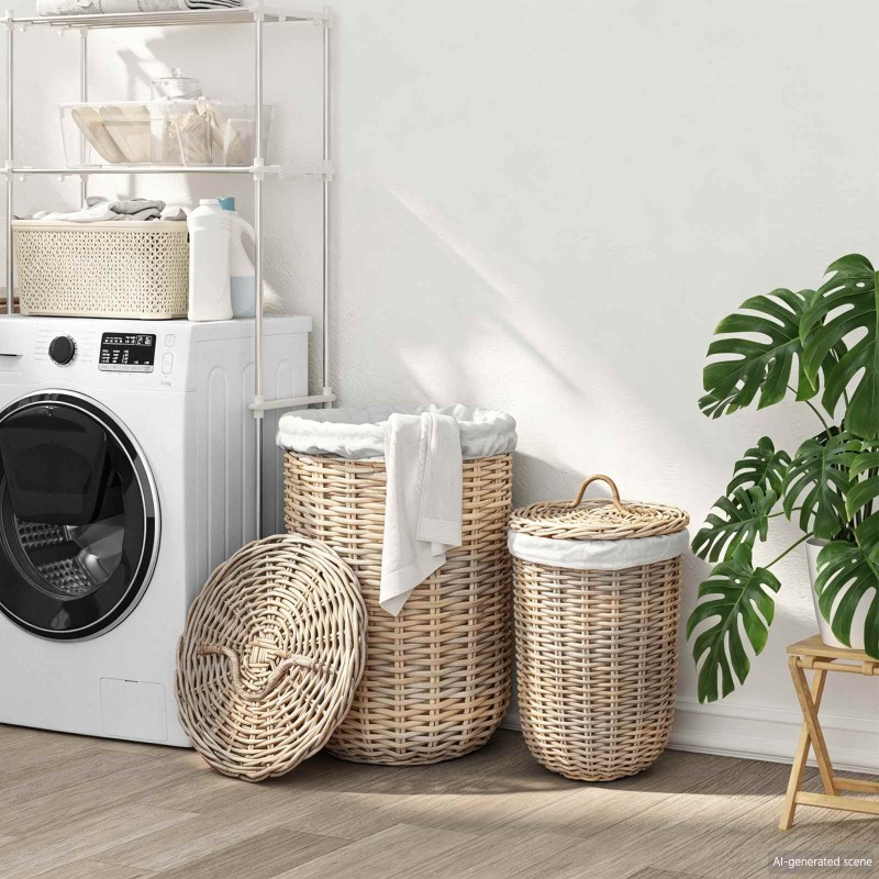 Panier à linge avec couvercle 2 pcs Gris naturel Rattan Kubu 644266644266