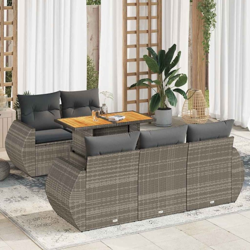 Salon de jardin 6 pcs avec coussins gris résine tressée 644391644391