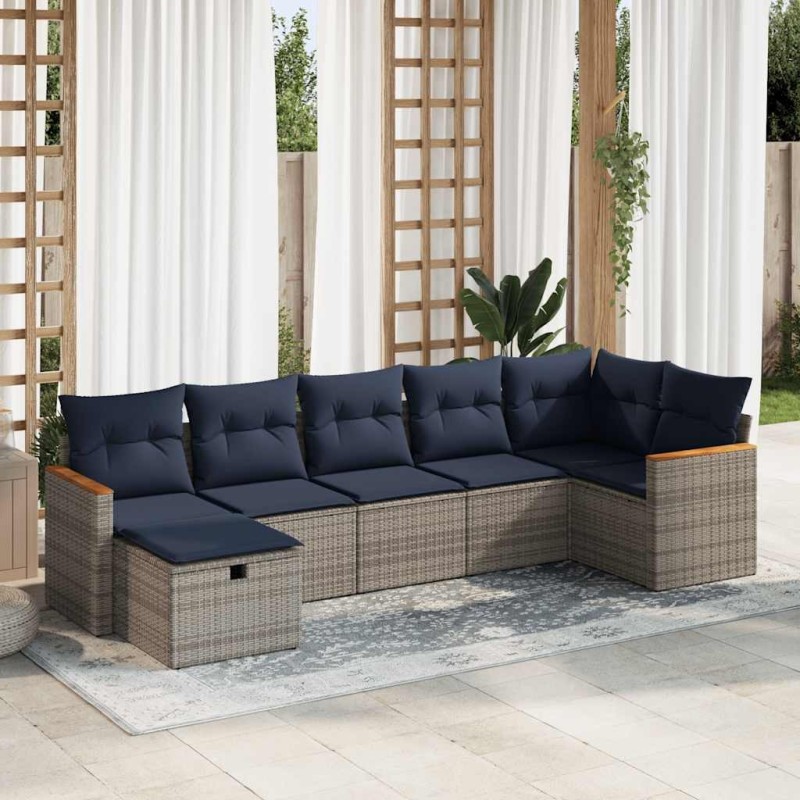 Salon de jardin avec coussins 7 pcs gris résine tressée 644843644843