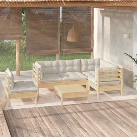 Salon de jardin 6 pcs avec coussins crème bois de pin 644894644894