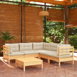 Salon de jardin 6 pcs avec coussins crème Bois de pin massif 644897644897