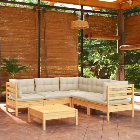 Salon de jardin 6 pcs avec coussins crème Bois de pin massif 644897644897