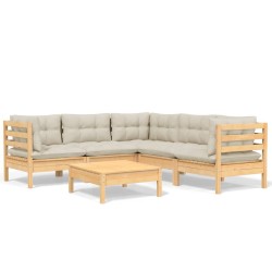 Salon de jardin 6 pcs avec coussins crème Bois de pin massif 644897644897