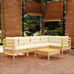 Salon de jardin 6 pcs avec coussins crème bois de pin 644900644900