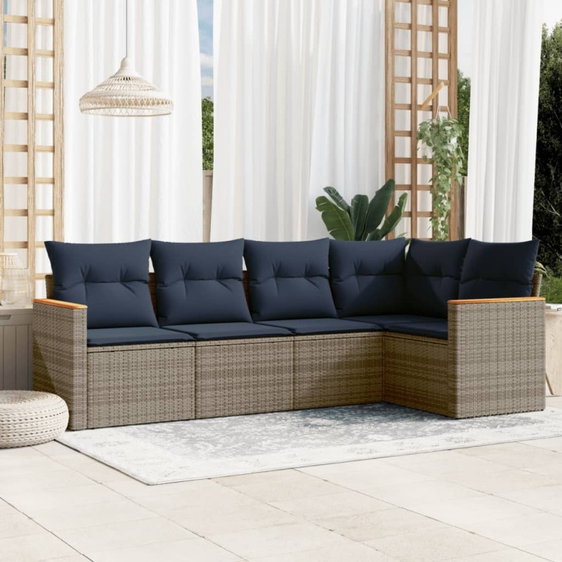Ensemble de canapé de jardin 5 pcs avec coussins gris résine tressée 644936644936