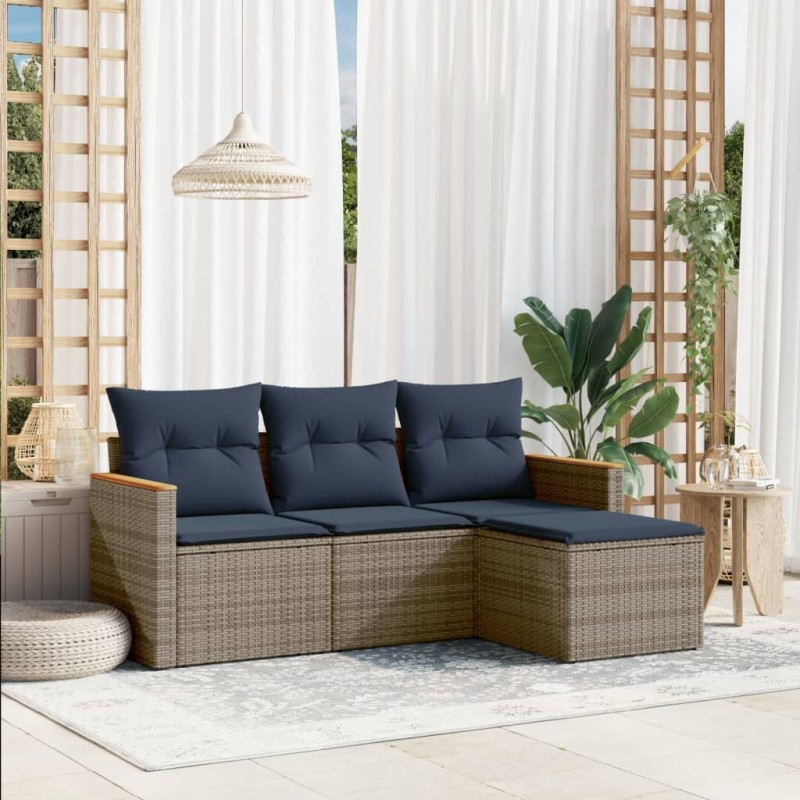 Ensemble de canapé de jardin 4 pcs avec coussins gris résine tressée 644942644942