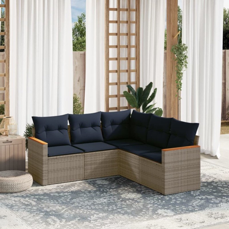 Ensemble de canapé de jardin 5 pcs avec coussins gris résine tressée 644947644947