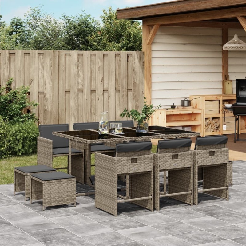 Ensemble à manger de jardin 11pcs avec coussins gris poly rotin 644951644951