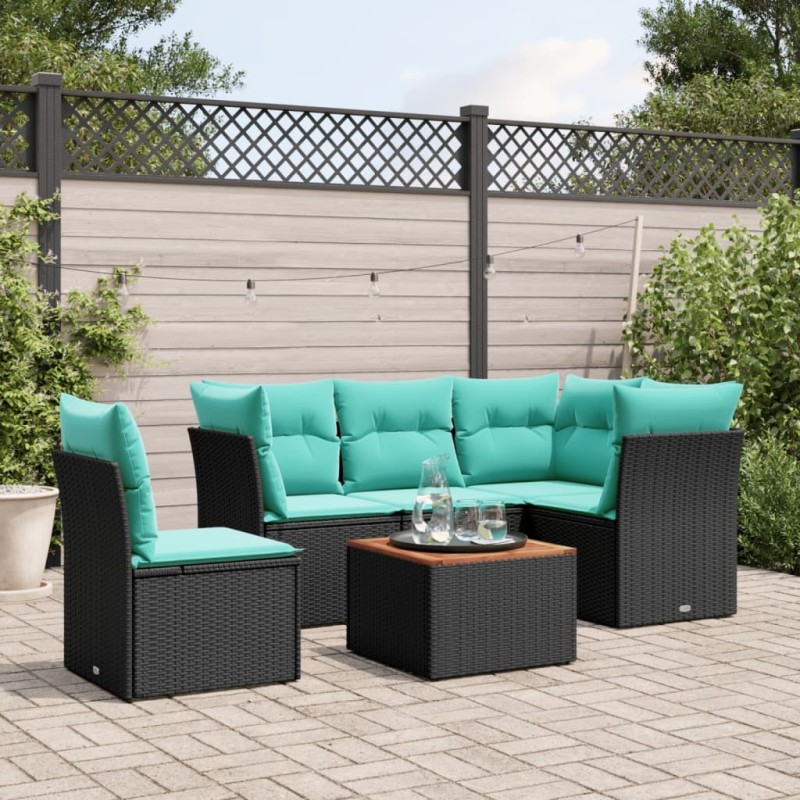 Salon de jardin 6 pcs avec coussins noir résine tressée 645015645015