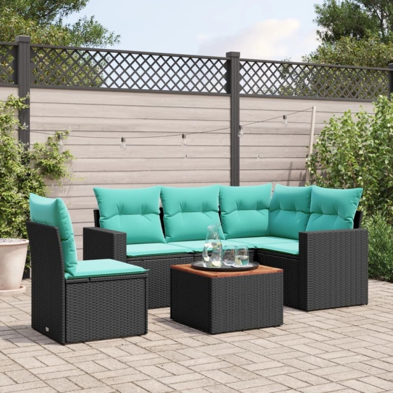 Salon de jardin 6 pcs avec coussins noir résine tressée 645022645022