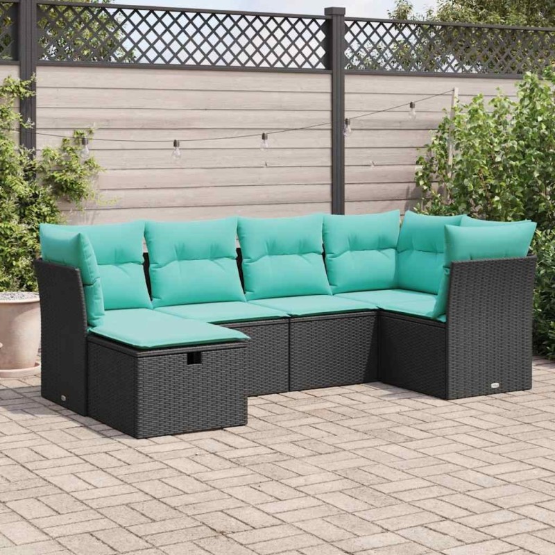 Salon de jardin 6 pcs avec coussins noir résine tressée 645296645296