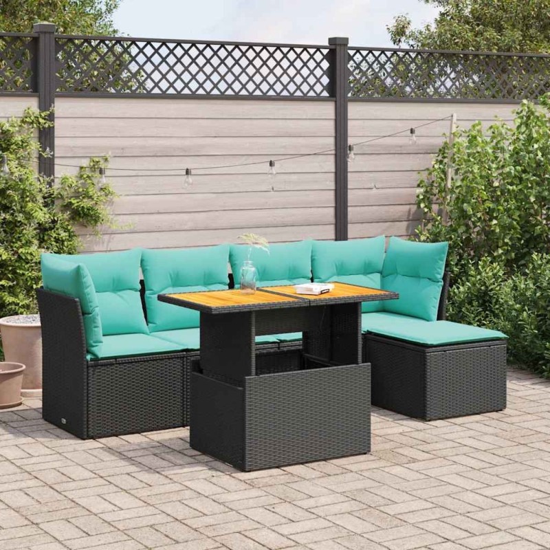 Salon de jardin 6 pcs avec coussins noir résine tressée 645300645300