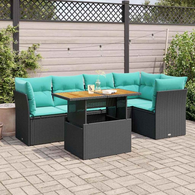 Salon de jardin 6 pcs avec coussins noir résine tressée 645313645313