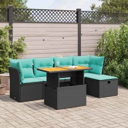 Salon de jardin 6 pcs avec coussins noir résine tressée acacia 645314645314