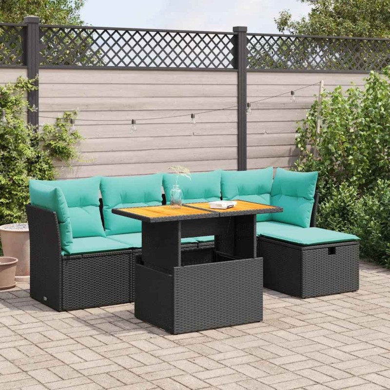 Salon de jardin 6 pcs avec coussins noir résine tressée acacia 645314645314