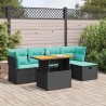 Salon de jardin 6 pcs avec coussins noir résine tressée acacia 645314645314
