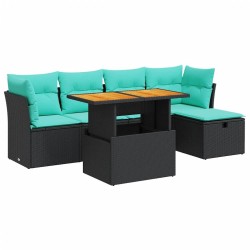 Salon de jardin 6 pcs avec coussins noir résine tressée acacia 645314645314