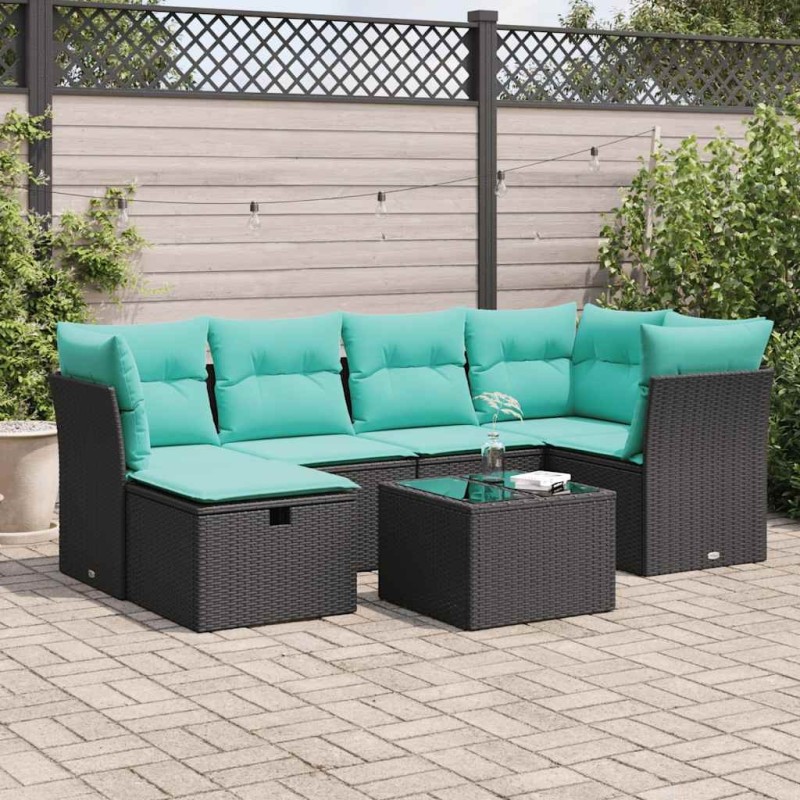 Salon de jardin 7 pcs avec coussins noir résine tressée 645447645447