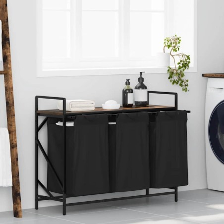 Panier à linge à 3 compartiments avec étagère chêne fumé 645675645675