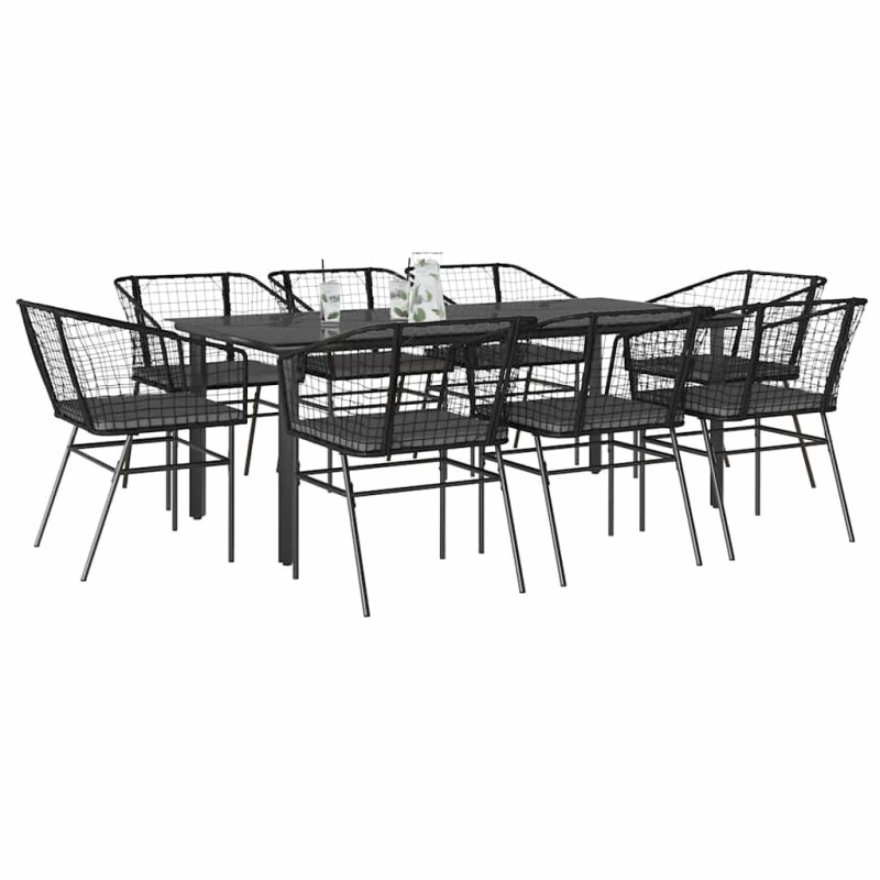 Ensemble à manger de jardin coussins 9pcs noir poly rotin verre 645682645682