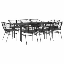 Ensemble à manger de jardin coussins 9pcs noir poly rotin verre 645682645682