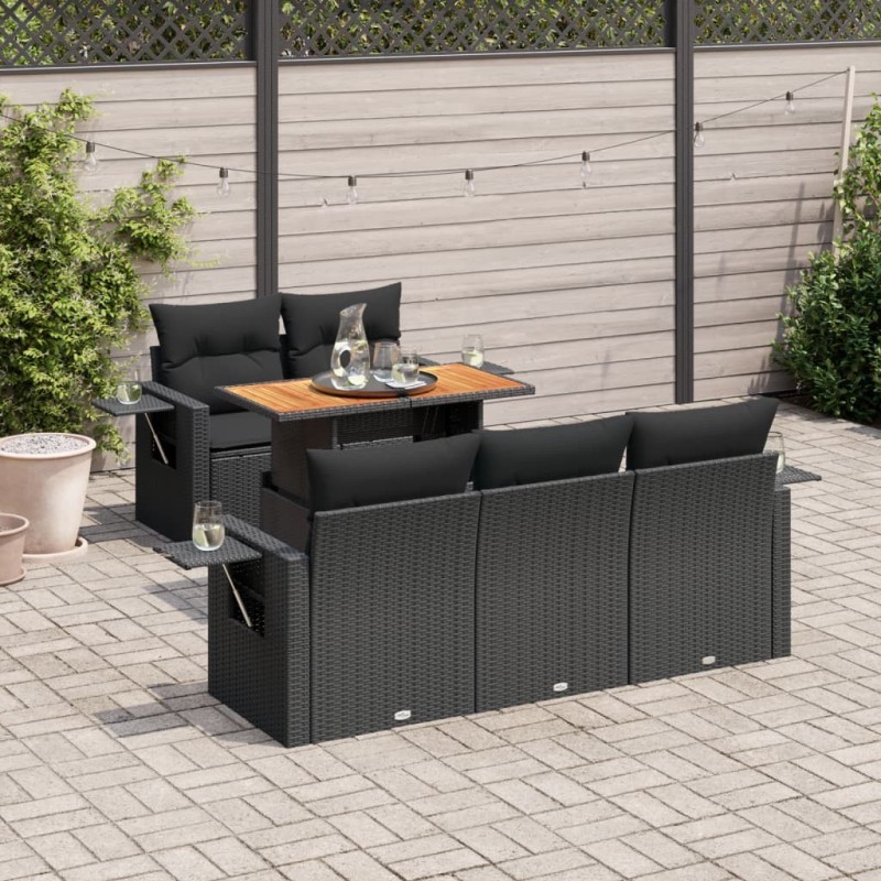 Salon de jardin 6 pcs avec coussins noir résine tressée 645823645823