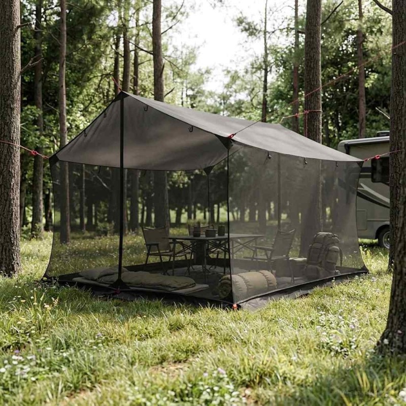 Tarp de camping avec murs en maille Marron Gris 645914645914