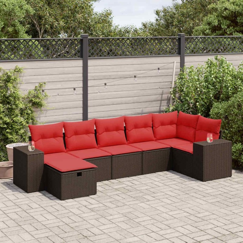 Salon de jardin avec coussins 7 pcs marron résine tressée 645974645974