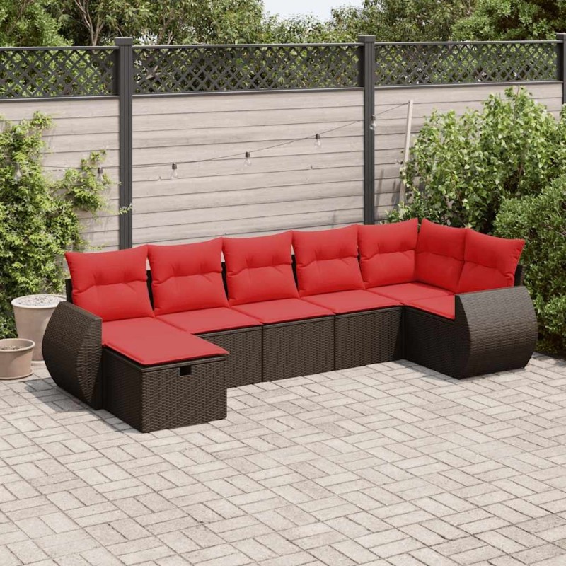 Salon de jardin avec coussins 7 pcs marron résine tressée 645977645977