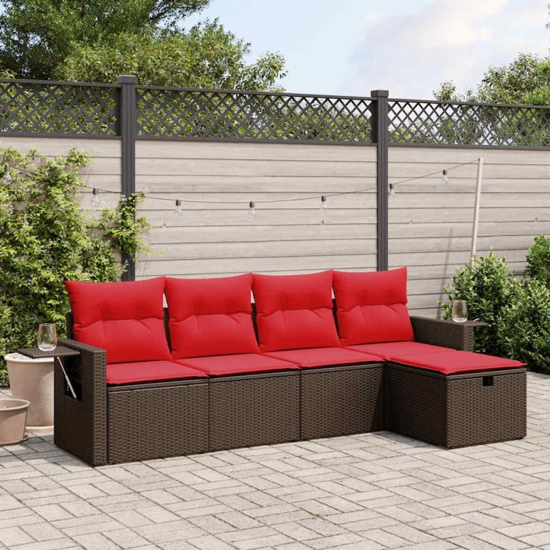 Ensemble de canapé de jardin 5 pcs avec coussins marron résine tressée 646016646016