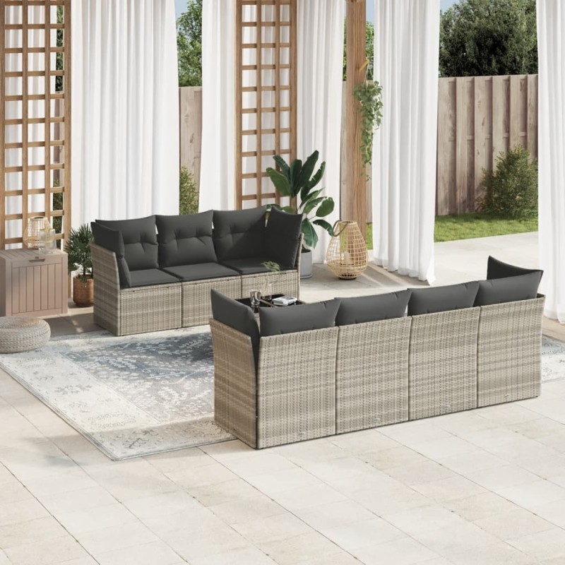Salon de jardin 8 pcs avec coussins gris clair résine tressée 646158646158