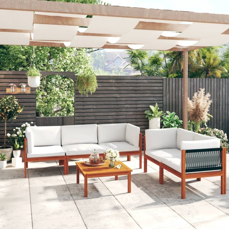 Salon de jardin 6 pièces avec coussins, bois d'acacia crème et corde 646385646385