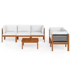 Salon de jardin 6 pièces avec coussins, bois d'acacia crème et corde 646385646385
