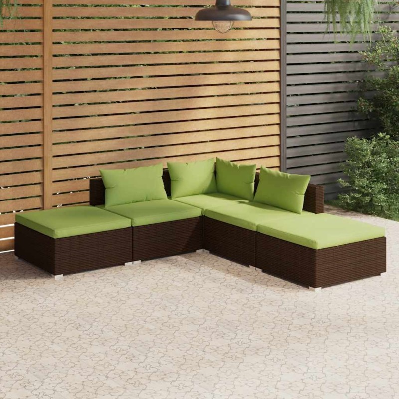 Salon de jardin 5 pcs avec coussins résine tressée marron 646388646388