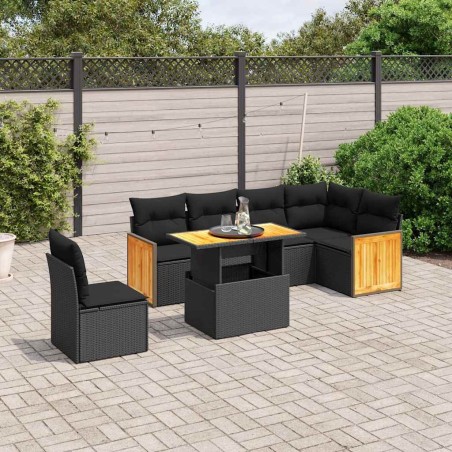 Salon de jardin 7 pcs avec coussins noir résine tressée 646392646392