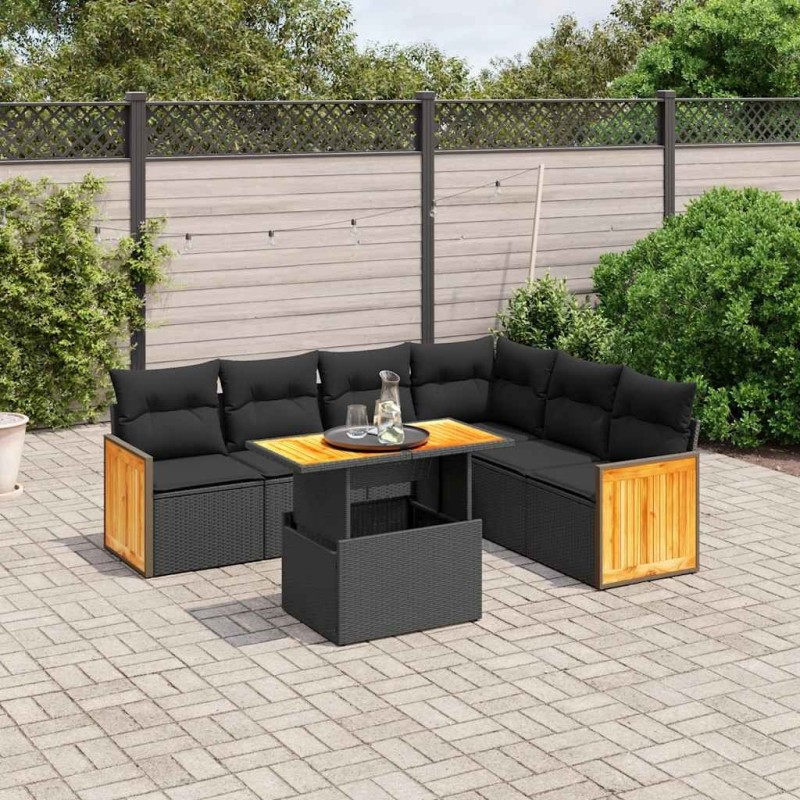 Salon de jardin 7 pcs avec coussins noir résine tressée 646396646396