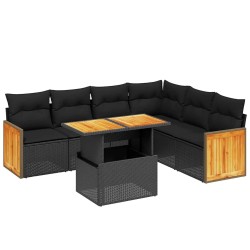 Salon de jardin 7 pcs avec coussins noir résine tressée 646396646396