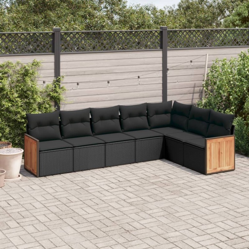 Salon de jardin 7 pcs avec coussins noir résine tressée 646604646604