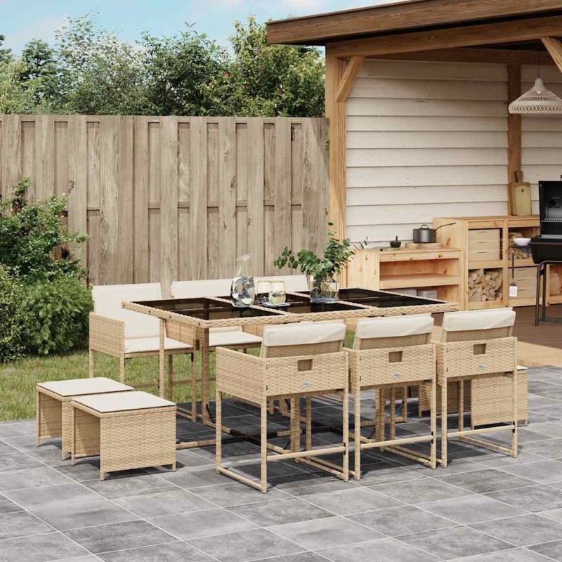 Ensemble à manger de jardin et coussins 11 pcs beige poly rotin 646632646632