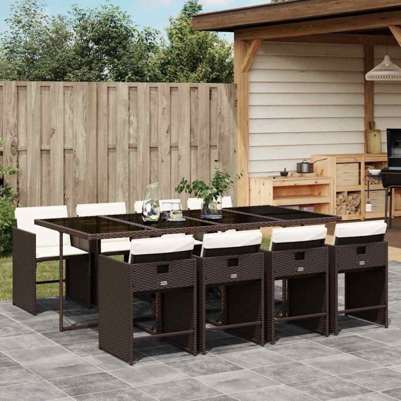 Ensemble à manger de jardin et coussins 9 pcs marron poly rotin 646811646811