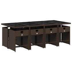 Ensemble à manger de jardin et coussins 9 pcs marron poly rotin 646811646811