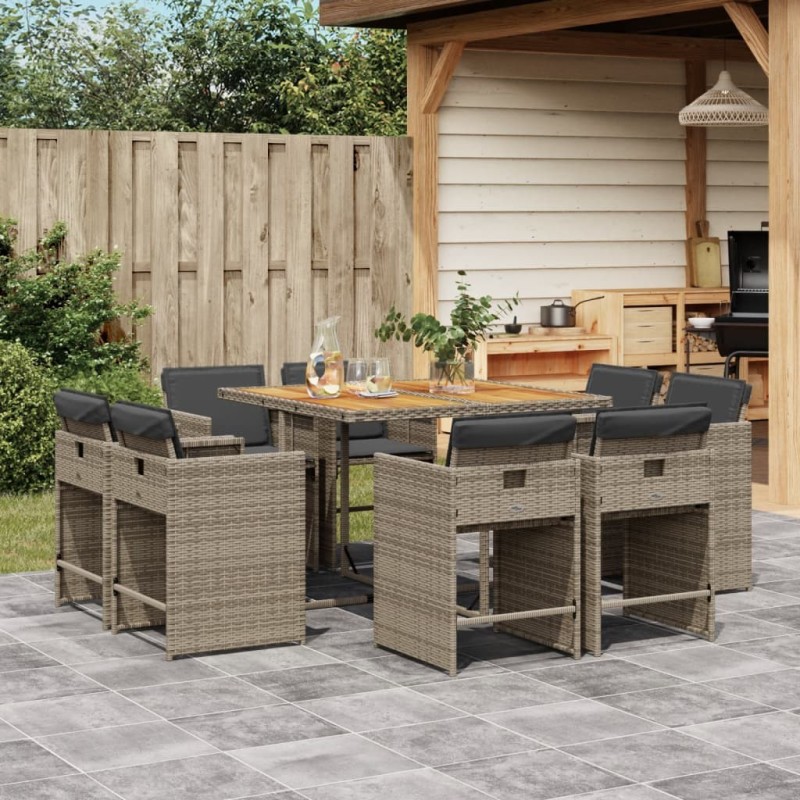 Ensemble à manger de jardin 9 pcs coussins gris résine tressée 647180647180