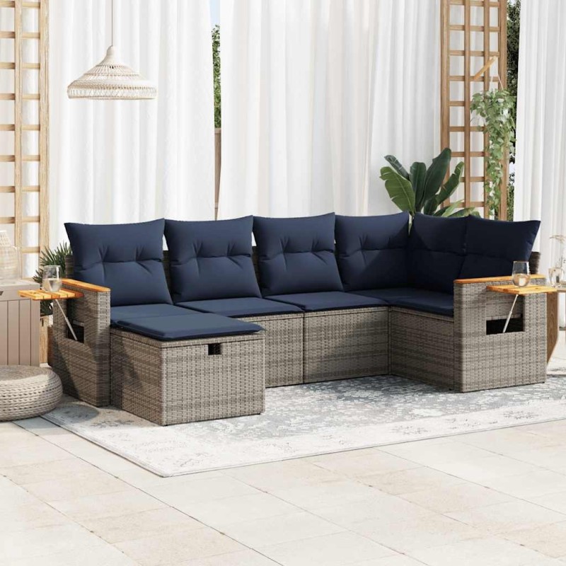 Salon de jardin 6 pcs avec coussins gris résine tressée 647364647364