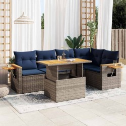 Salon de jardin avec coussins 6 pcs gris résine tressée acacia 647395647395