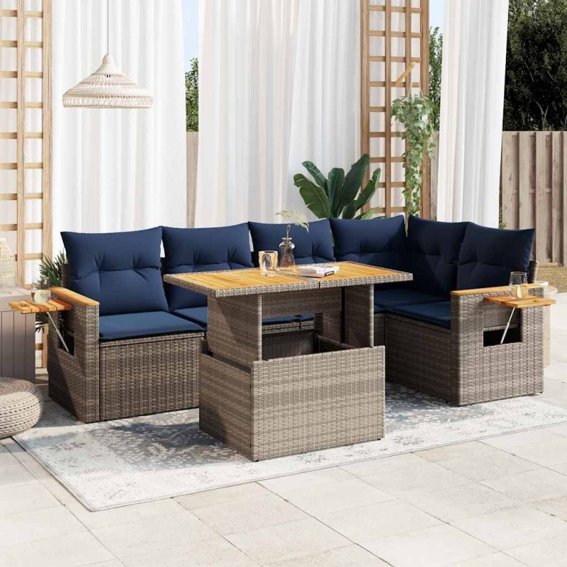 Salon de jardin avec coussins 6 pcs gris résine tressée acacia 647395647395
