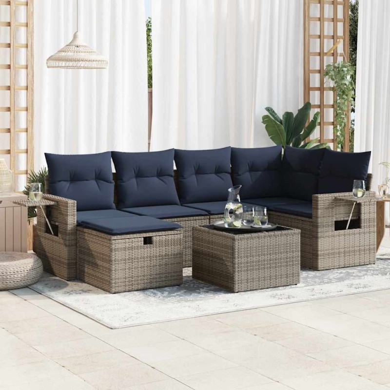 Salon de jardin avec coussins 7 pcs gris résine tressée 647416647416