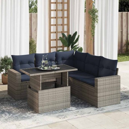 Salon de jardin avec coussins 6 pcs gris résine tressée acacia 647429647429